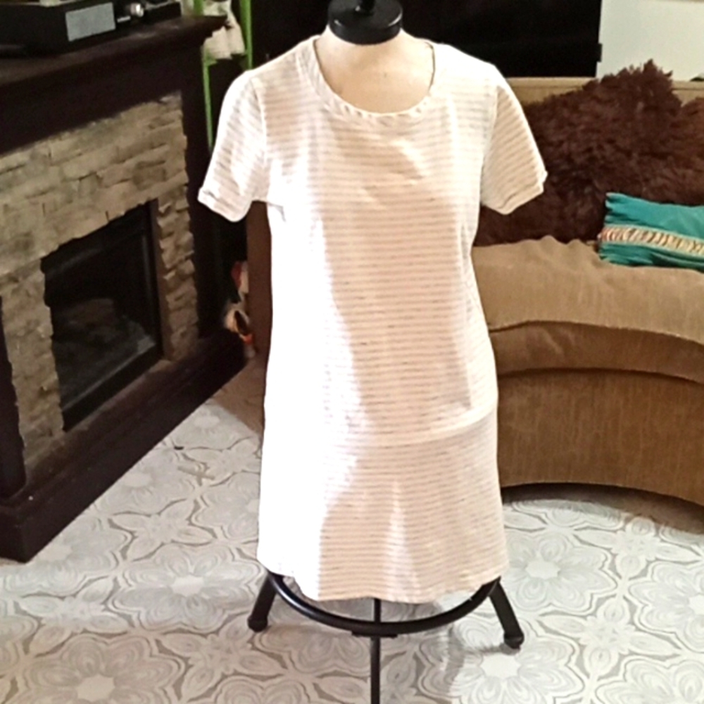 Women's Thick knit long T-shirt Sz L Winter Gray white stripe shirt sleeve CABLE